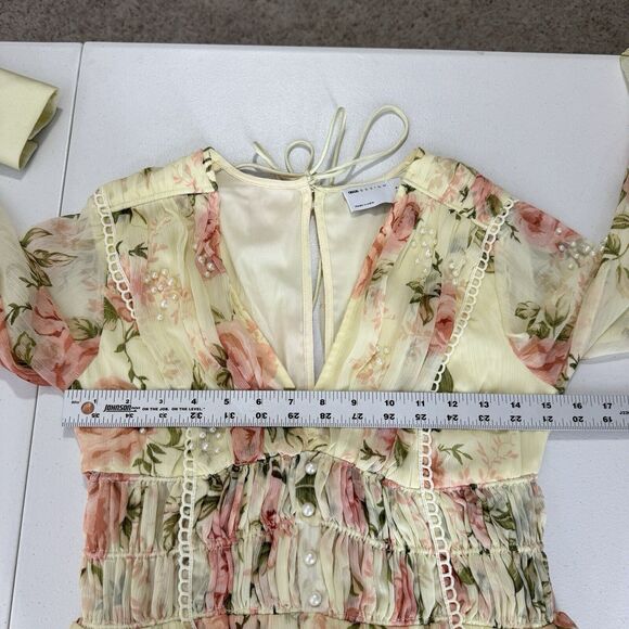 ASOS Design Womens Dress 4 Yellow Pearl Embellished Floral Tiered Fairy Boho - Picture 8 of 16